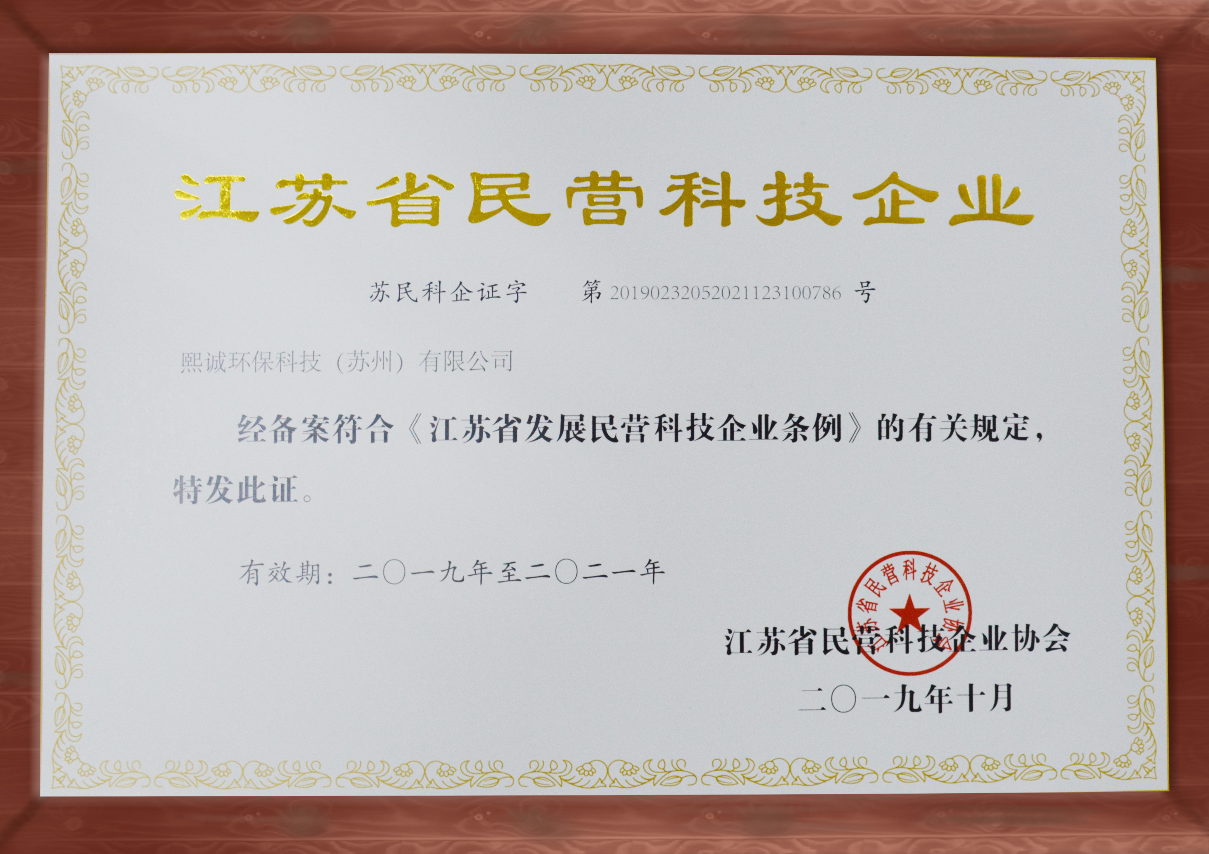 民营科技企业协会荣誉证书